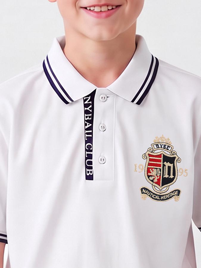 R&B Boys Beige Short sleeve Varsity Club Collegiate Badge Tipping Collar Pure Cotton T-Shirt