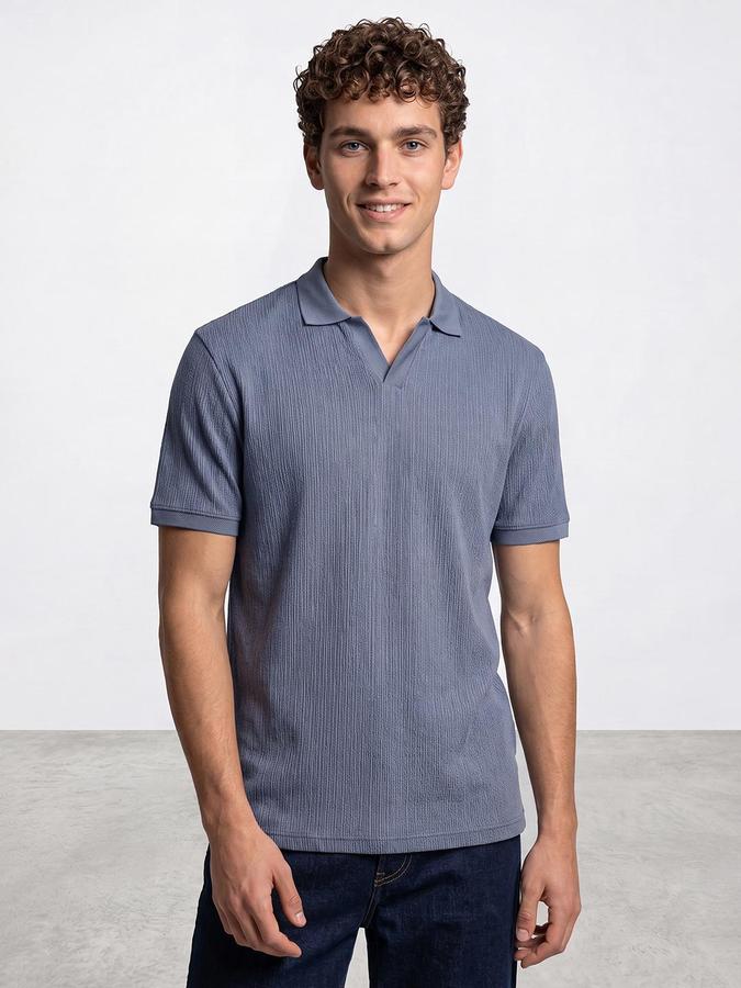 R&B Men Blue Textured Short Sleeves Polo Collar T-Shirt