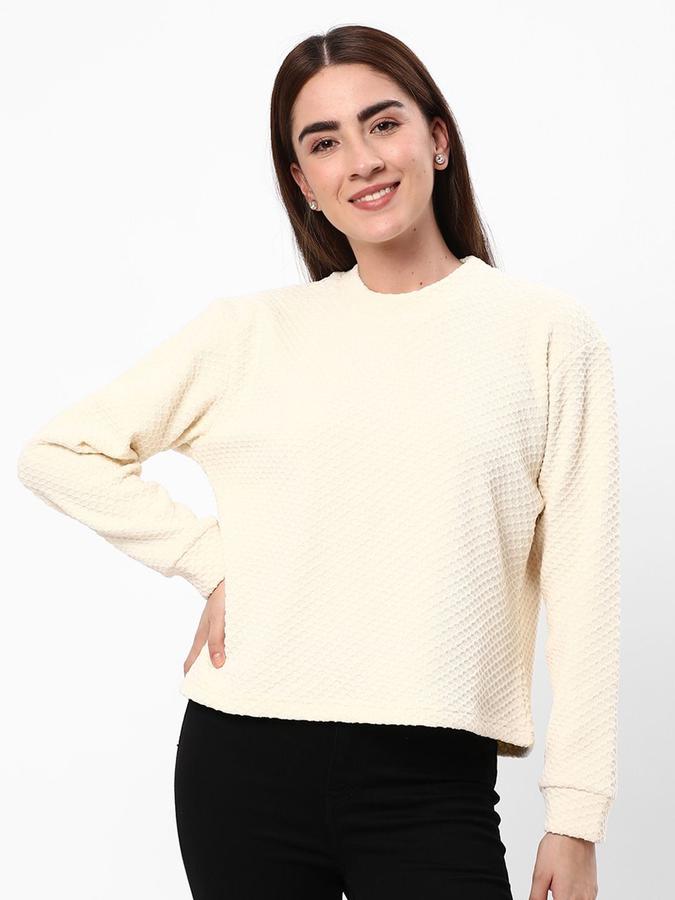 R&B Women White Round Neck Self Design Long Sleeves Sweater