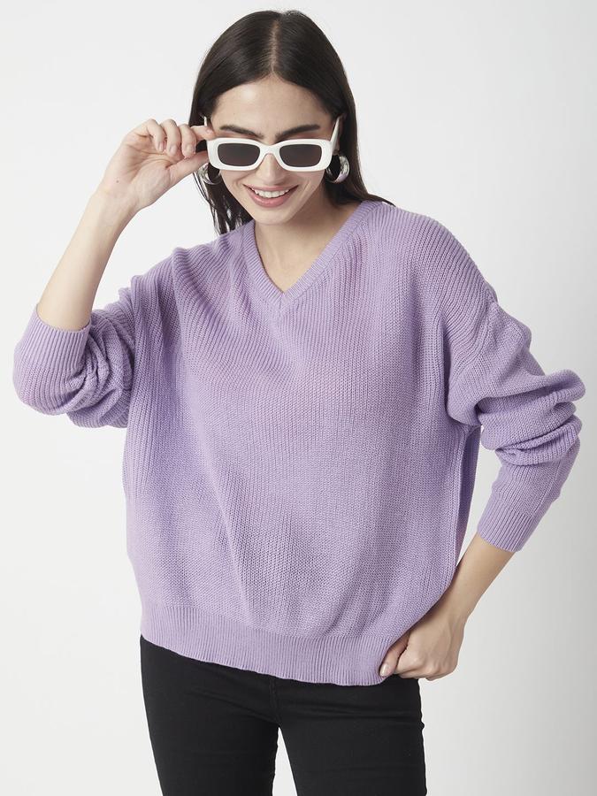 R&B Women Purple V-Neck Solid Long Sleeves Sweater