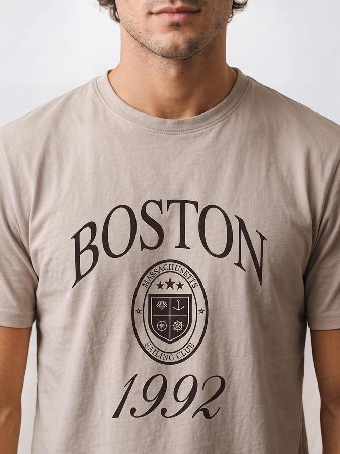 R&B Men Beige Short Sleeve Round Neck Typography Print T-Shirt