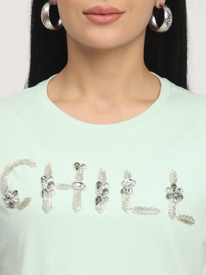 Women Cotton Regular Fit Crew Neck Embellished T-shirt