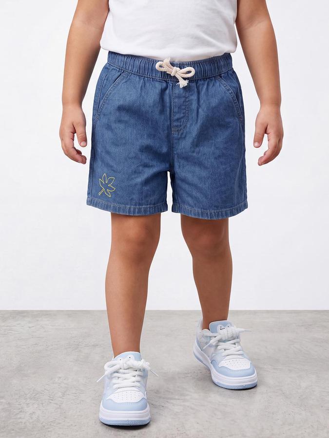R&B Boys Medium Blue Self Design Regular Fit Mid Rise Denim Shorts