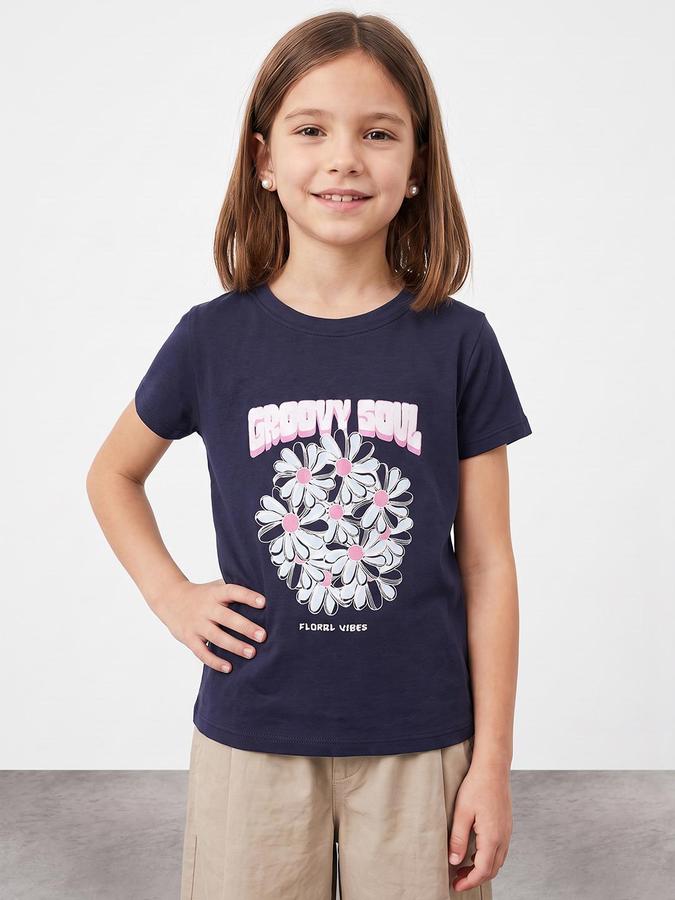 R&B Girls Navy Graphic Print Short Sleeves Round Neck Pure Cotton T-Shirt