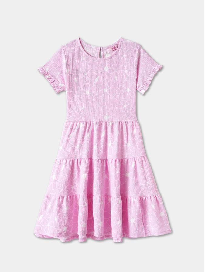 R&B Pink Floral Printed Girls Short Sleeves Dress