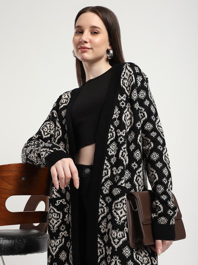 R&B Women Black Patterned Longline Cardigan