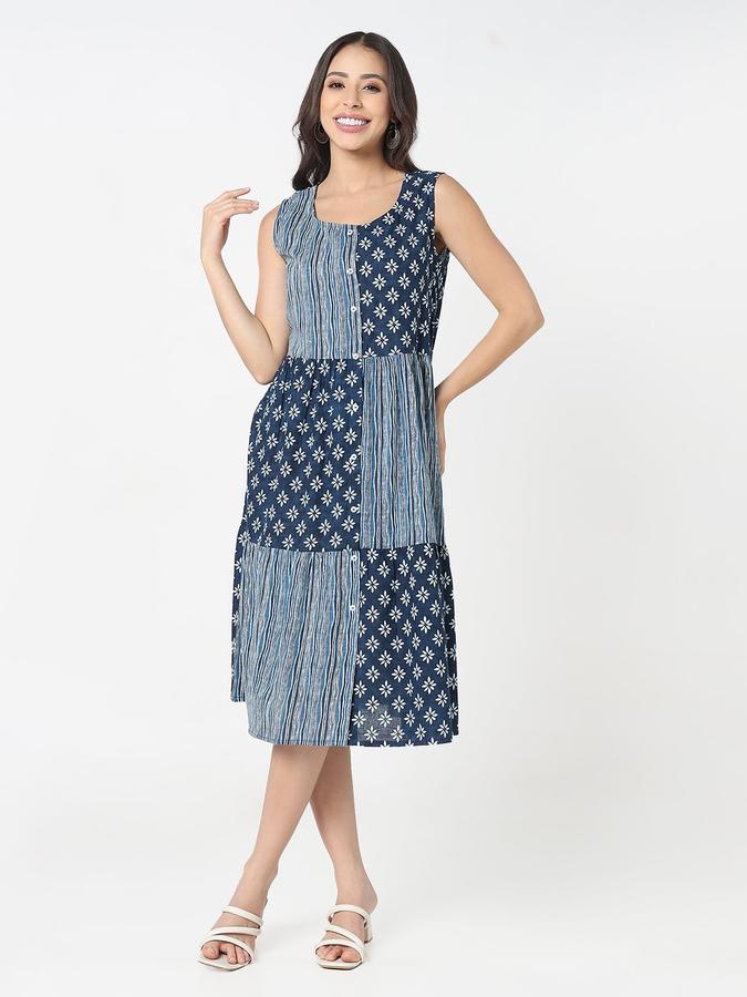 R&B Women Blue Patchwork Sleeveless Round Neck Midi A-Line Dress