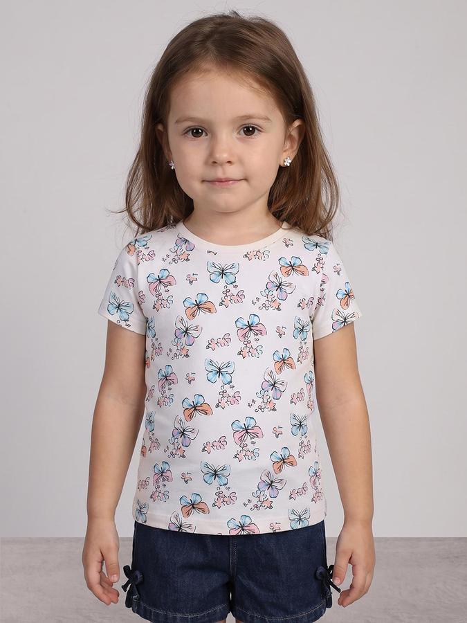 R&B Girls Beige Butterfly Print Short Sleeves Round Neck Pure Cotton T-Shirt