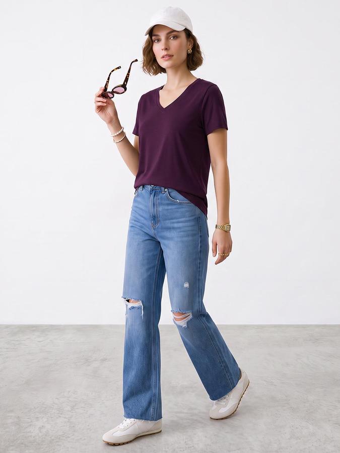R&B Women Purple Short Sleeve V Neck Solid T-Shirt