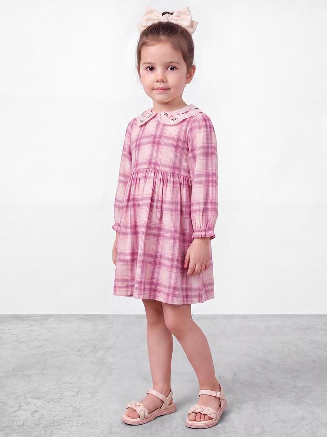 R&B Girls Pink Checked Peter Pan Collar Bishop Sleeves A Line Dress