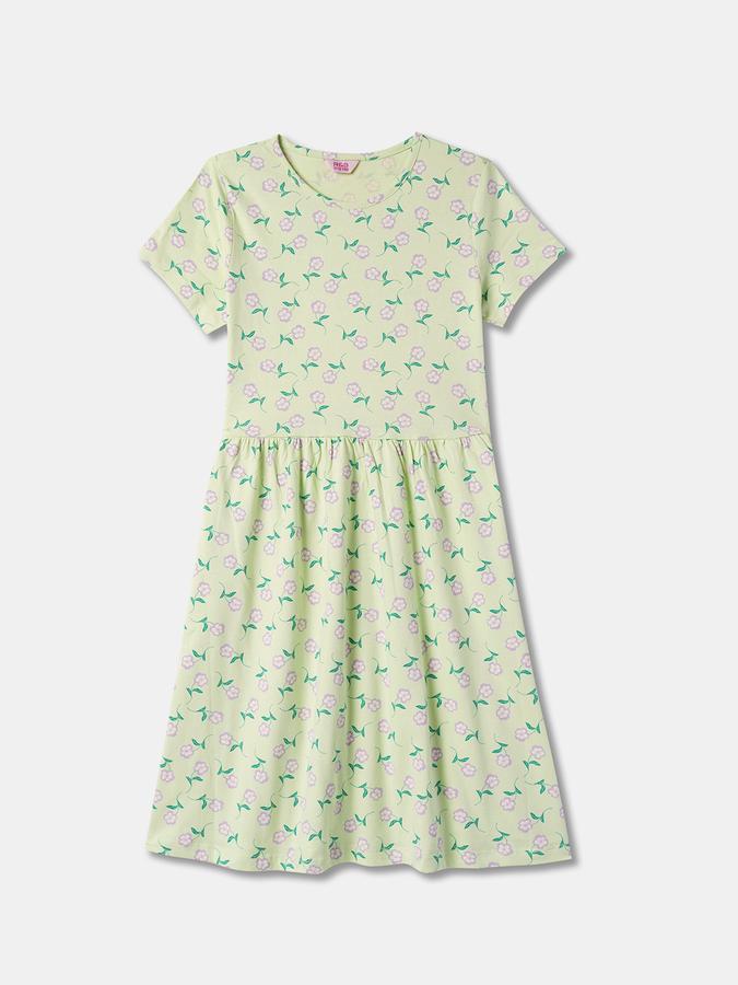 Girls Floral Print Short Sleeve Round Neck Knee Length Dress