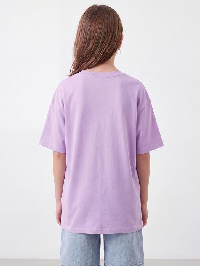 R&B Girls Purple Graphic Print Short Sleeves Round Neck Pure Cotton T-Shirt