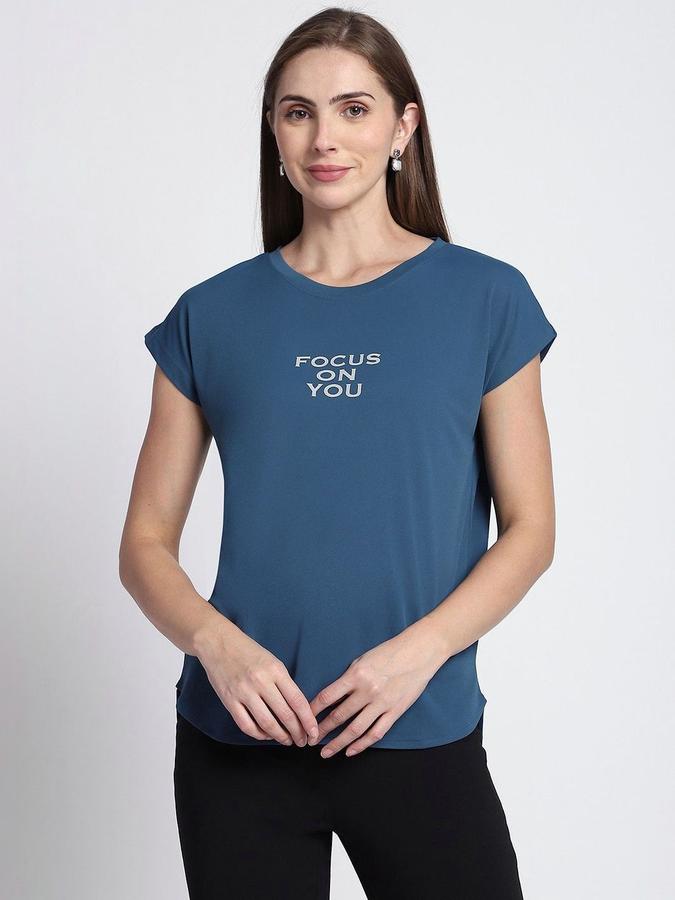 R&B Womens Teal Blue Typography Printed  Round Neck Short Sleeves T-shirt