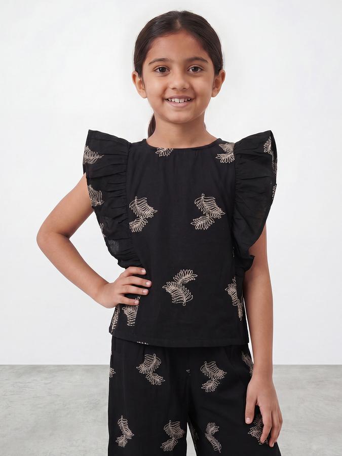 R&B Girls Black Regular Fit Floral Print Flutter Sleeve Top