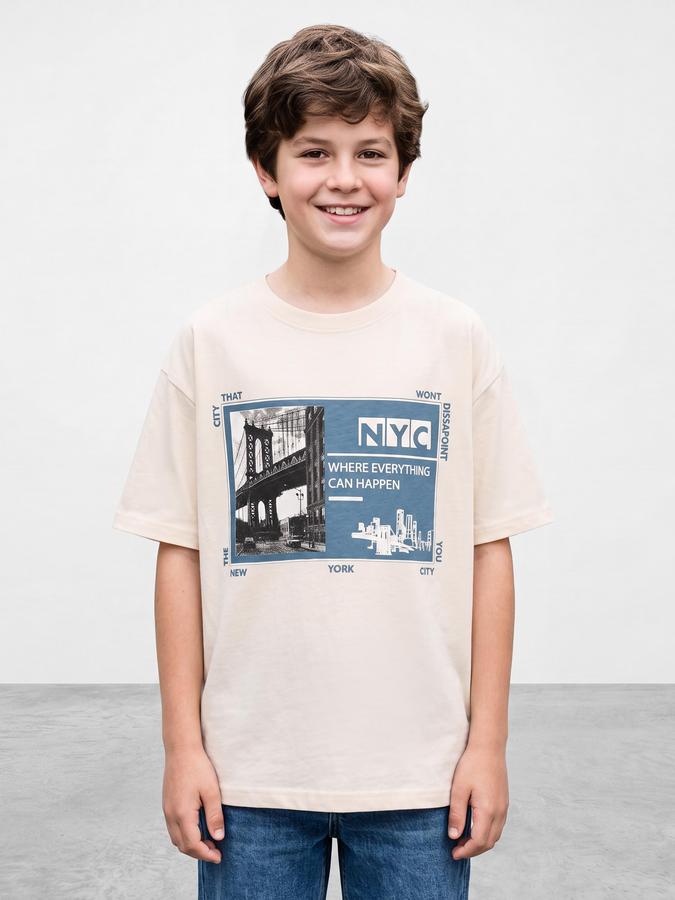 R&B Boys Off White Graphic Print Short Sleeves Round Neck Pure Cotton T-Shirt