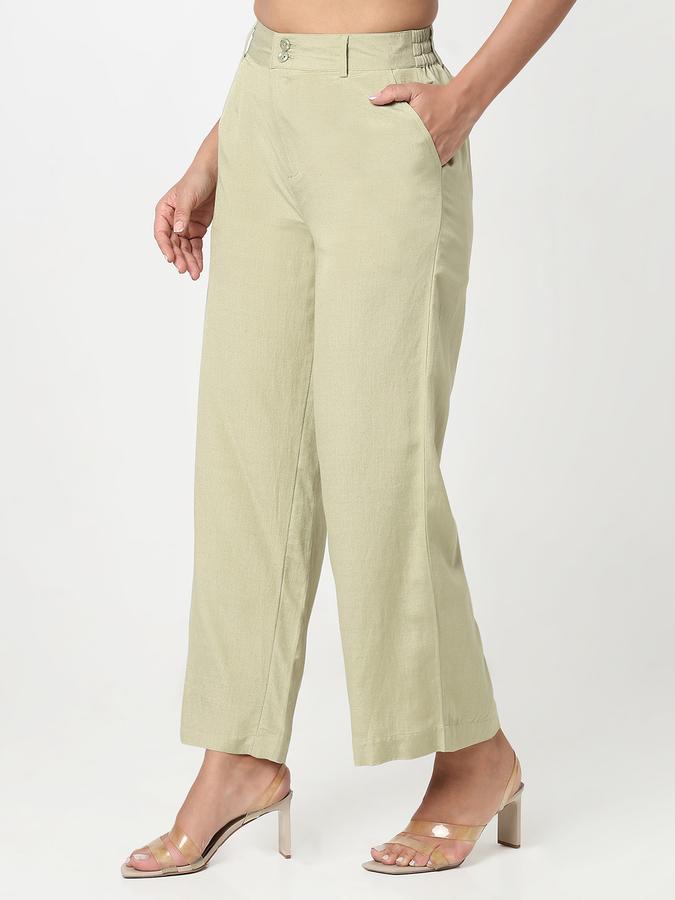Women Linen Blend Wide Leg High Rise Pleated Trousers