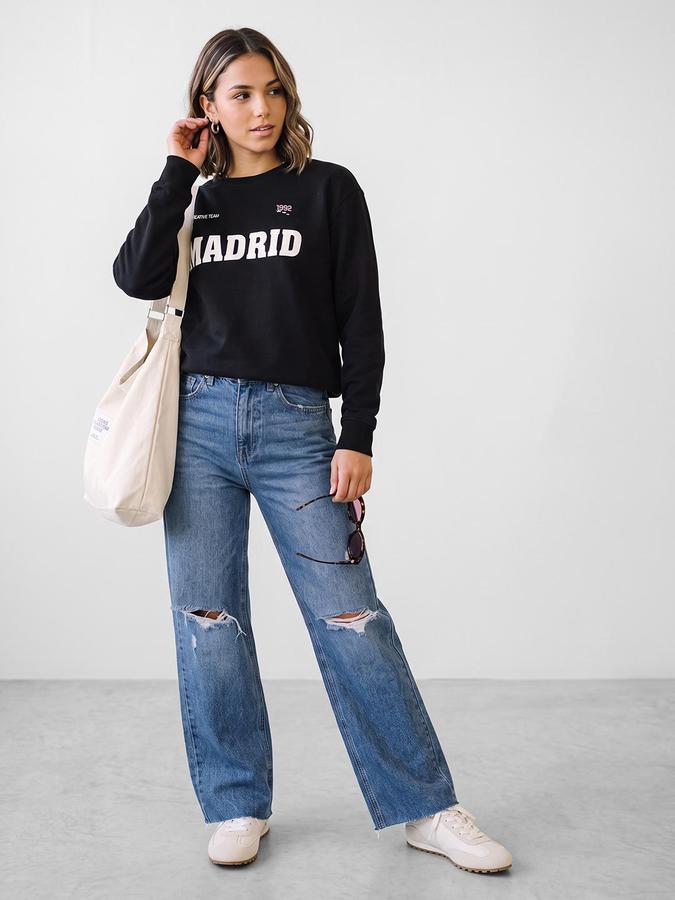 R&B Women Black Graphic Print Round Neck Long Sleeves Sweatshirt
