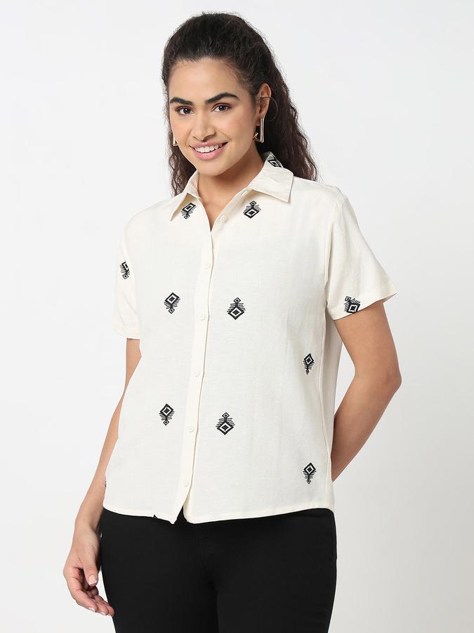 Women Viscose Blend Relaxed Fit Shirt Collar Embroidered Top