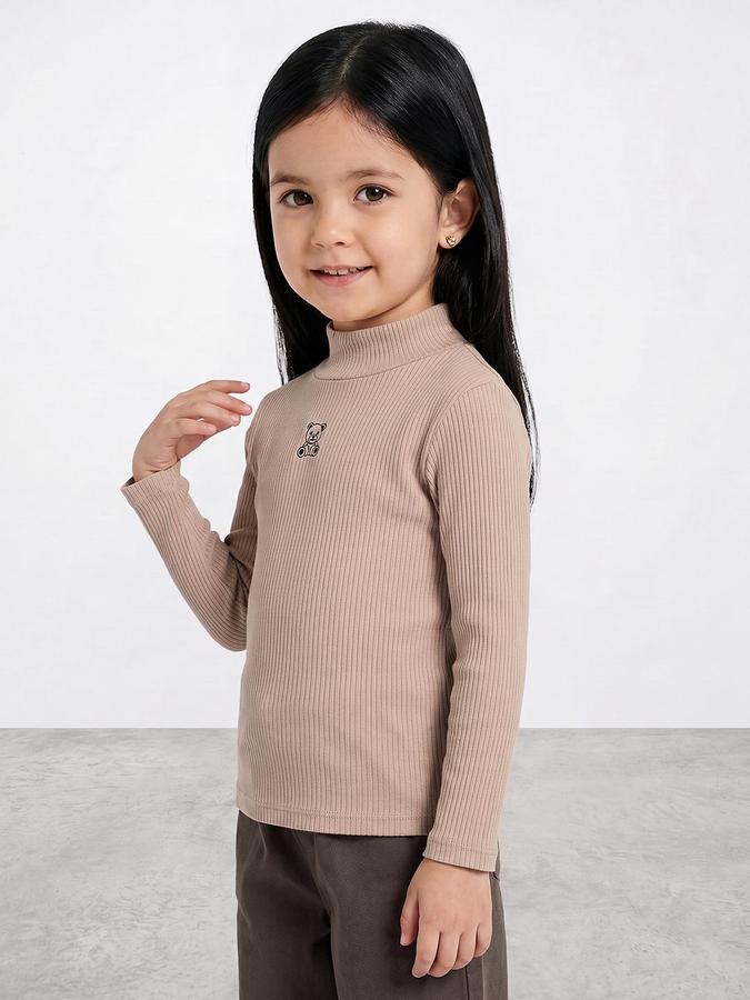 R&B Girls Beige Textured Long Sleeves High Neck Ribbed T-Shirt