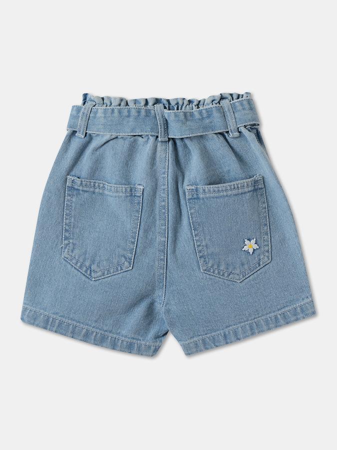 Girls Cotton Regular Fit Paperbag Waist Embroidered Hem Shorts