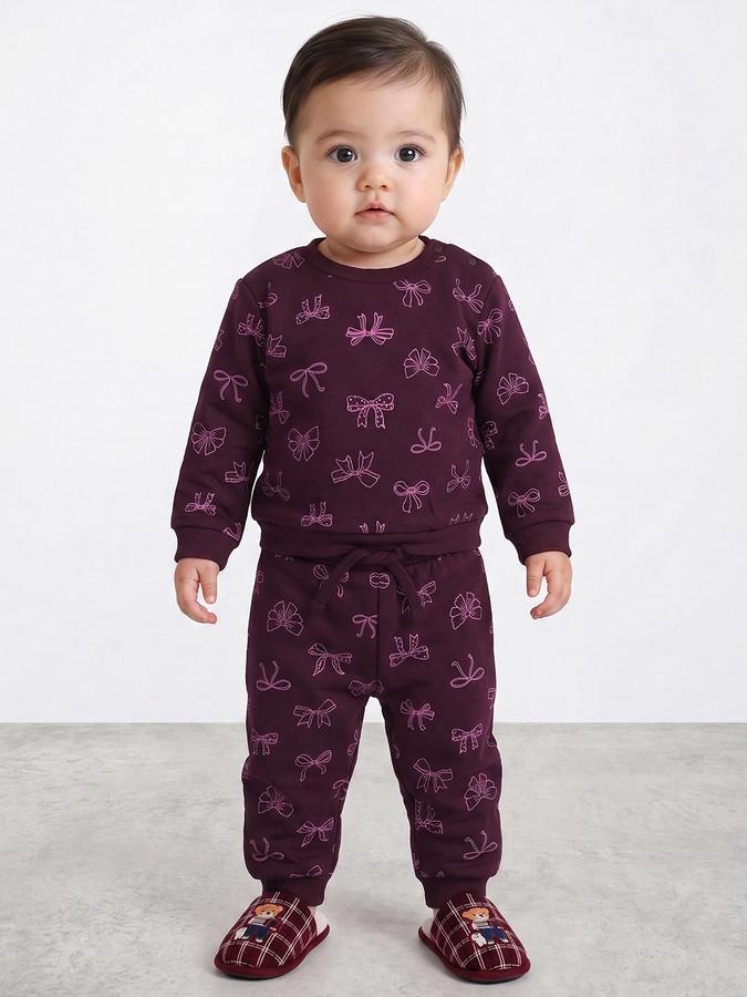 R&B Girls Purple Bow Print Long Sleeve Sweatshirt and Jogger Set