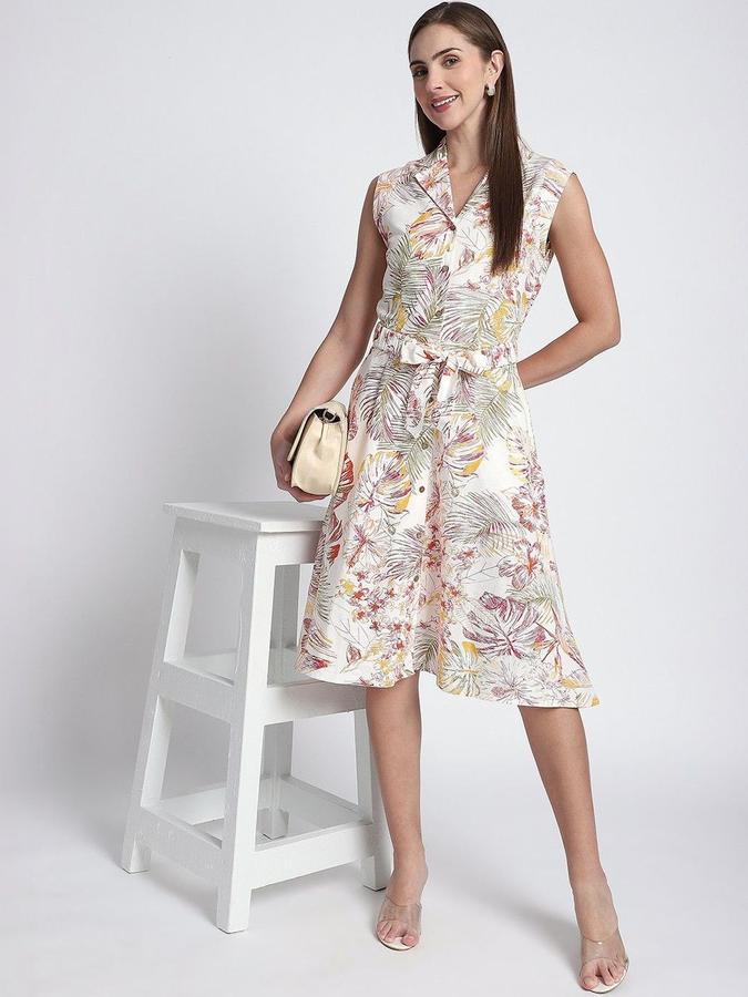 R&B Women Off White Floral Sleeveless Lapel Collar Knee Length A-Line Dress