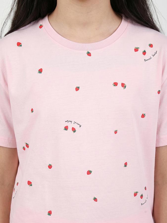 R&B Girls Pink Printed Round Neck Short Sleeves Pure Cotton T-shirt &amp; Pyjamas Set