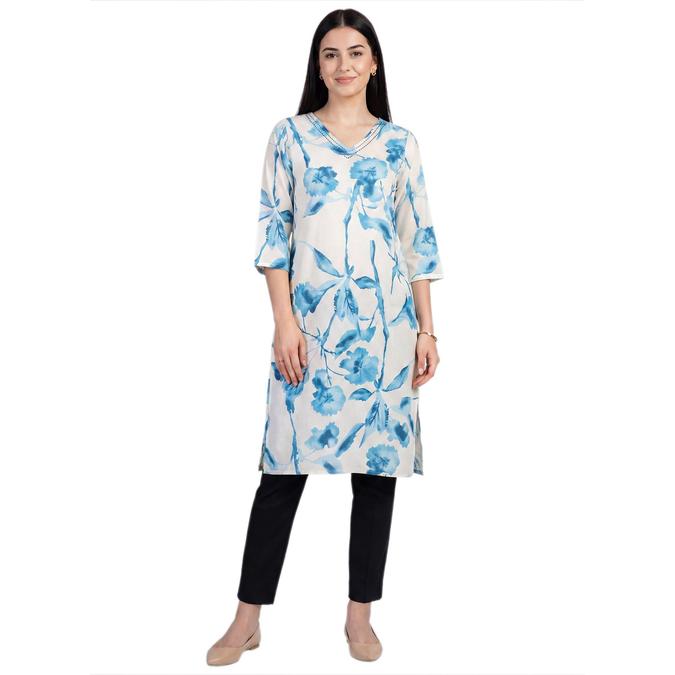R&B Blue Women V-Neck Three-Quarter Sleeves Kurta 