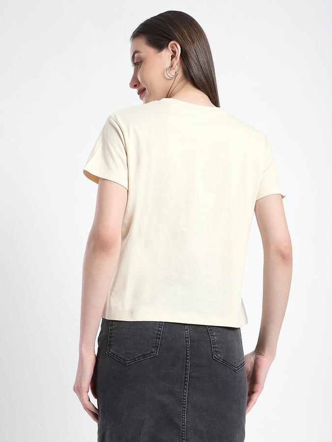 Women Cotton Regular Fit Crew Neck Embroidered T-shirt