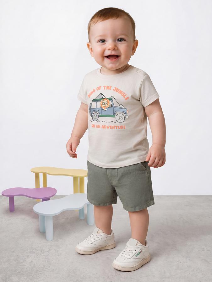 R&B Boys Beige Short sleeve Round Neck Little Exlplorers Typography Graphics Soft Touch Pure Cotton T-Shirt