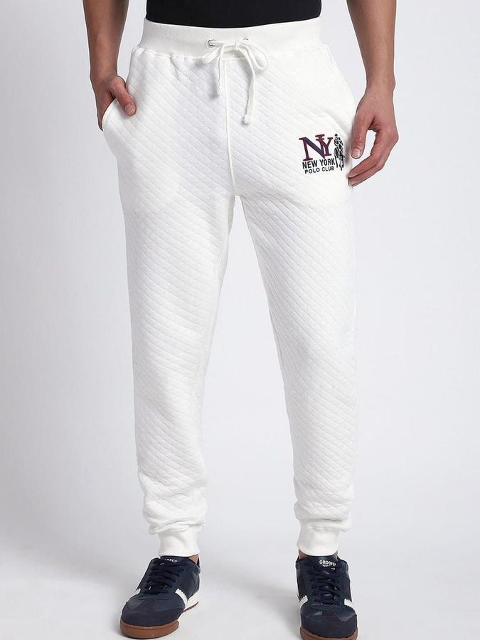 R&B Men Cream Self Design Straight Fit Trousers
