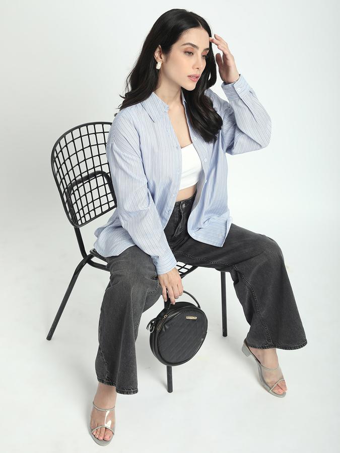 Women Polycotton Oversized Fit Collar Neck Long Sleeve Striped Shirt