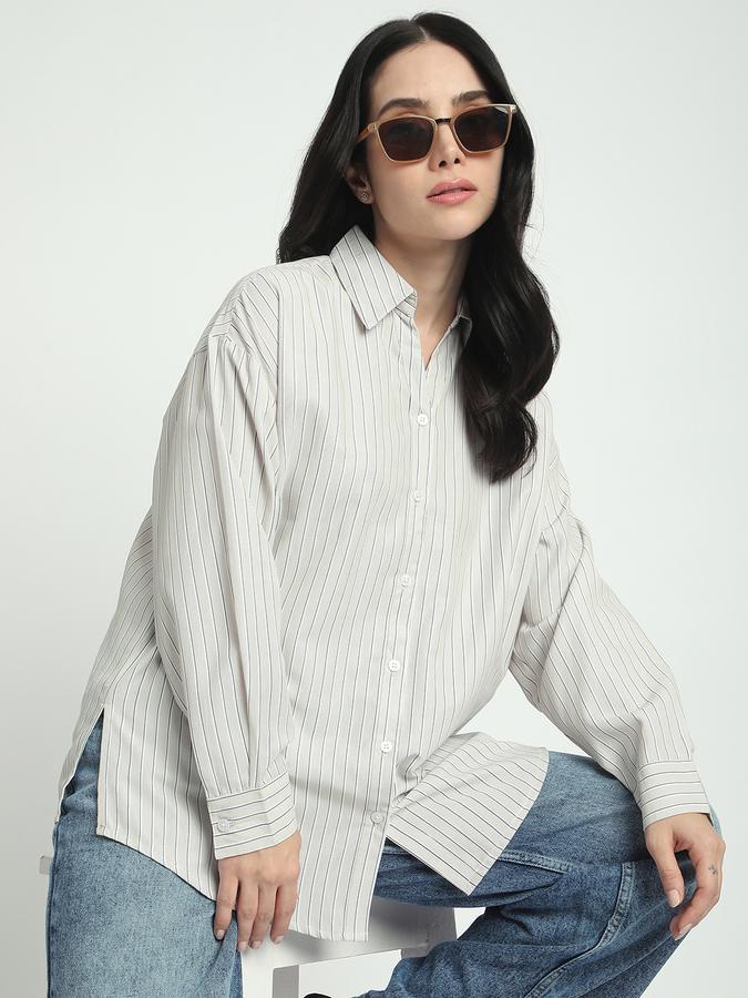 Women Polycotton Oversized Fit Collar Neck Long Sleeve Striped Shirt
