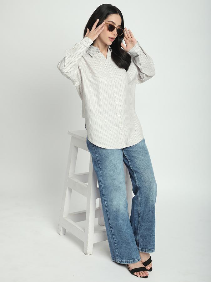 Women Polycotton Oversized Fit Collar Neck Long Sleeve Striped Shirt