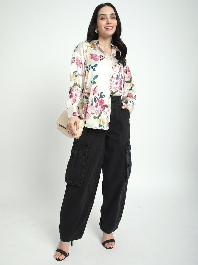 Women Satin Regular Fit Collared Long Sleeve Floral Shirt
