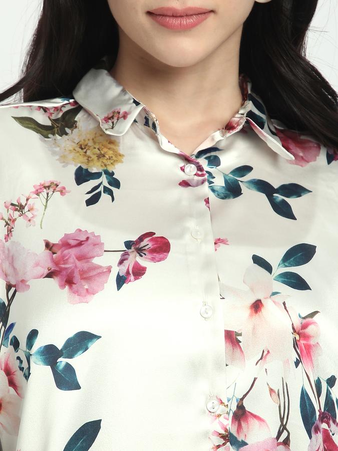 Women Satin Regular Fit Collared Long Sleeve Floral Shirt