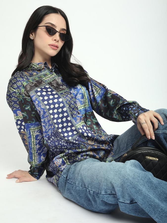 Women Satin Regular Fit Collared Long Sleeve Floral Shirt