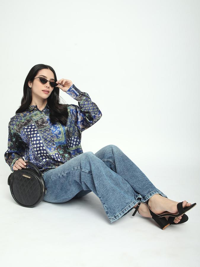 Women Satin Regular Fit Collared Long Sleeve Floral Shirt