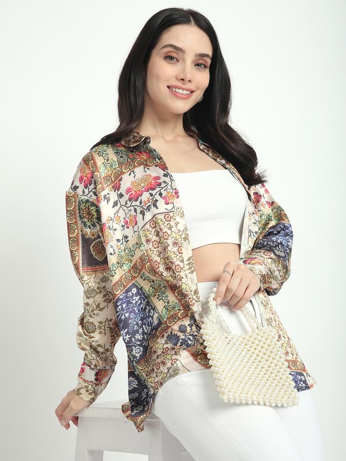 Women Satin Regular Fit Collared Long Sleeve Floral Shirt