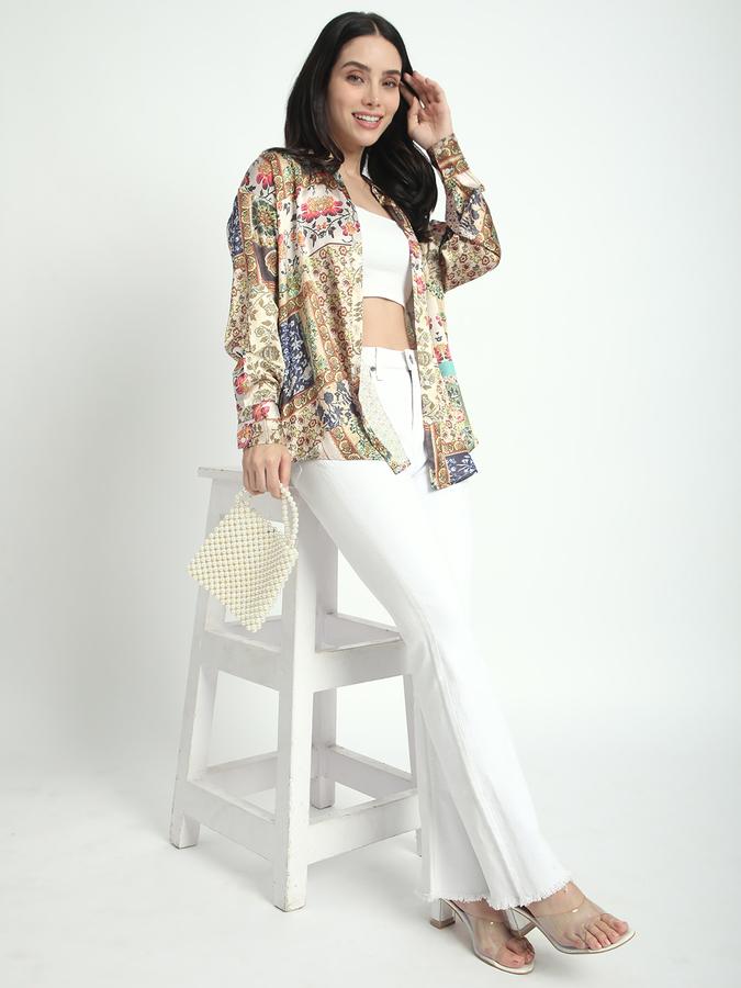 Women Satin Regular Fit Collared Long Sleeve Floral Shirt