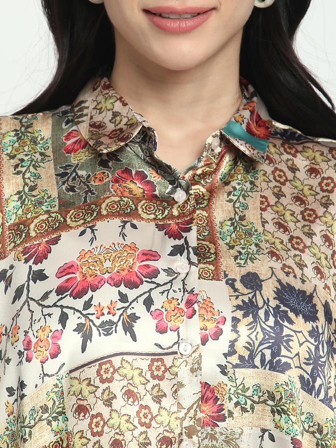 Women Satin Regular Fit Collared Long Sleeve Floral Shirt