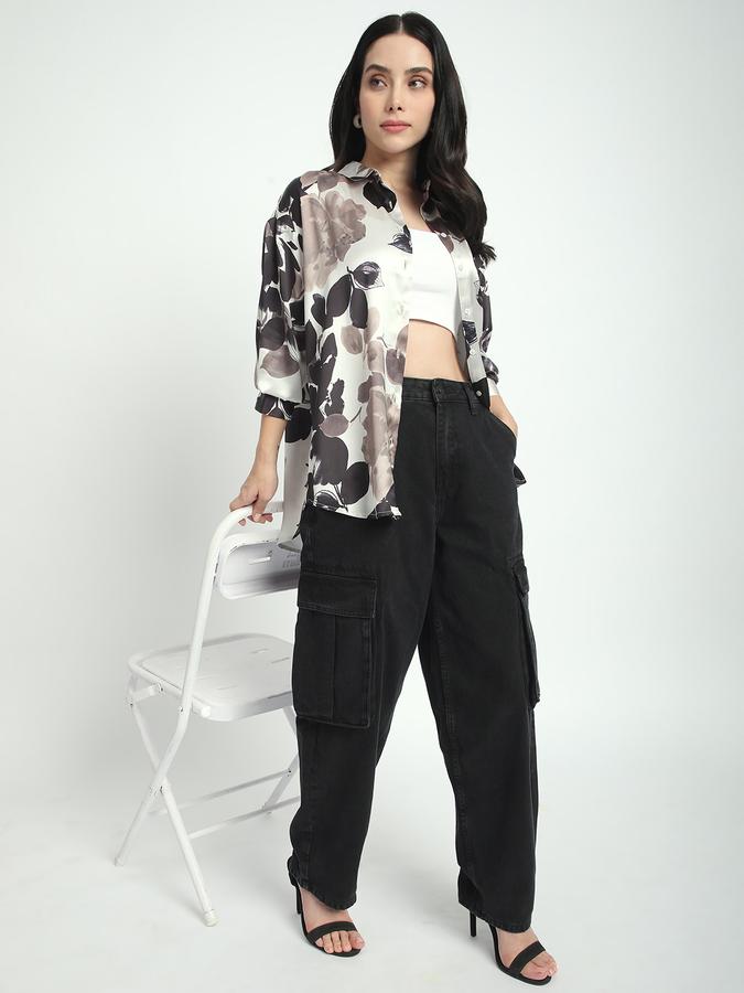 Women Satin Regular Fit Collared Long Sleeve Floral Shirt