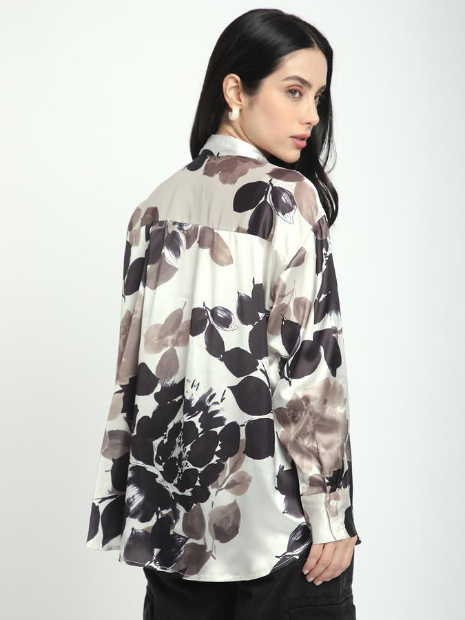 Women Satin Regular Fit Collared Long Sleeve Floral Shirt