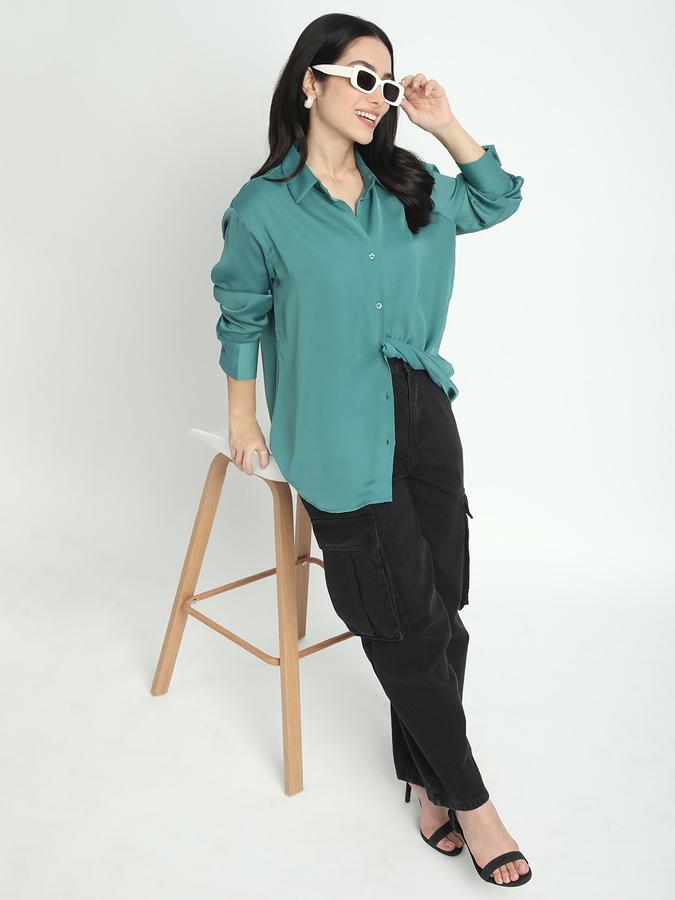 Women Polyester Oversized Fit Long Sleeve Solid Shirt