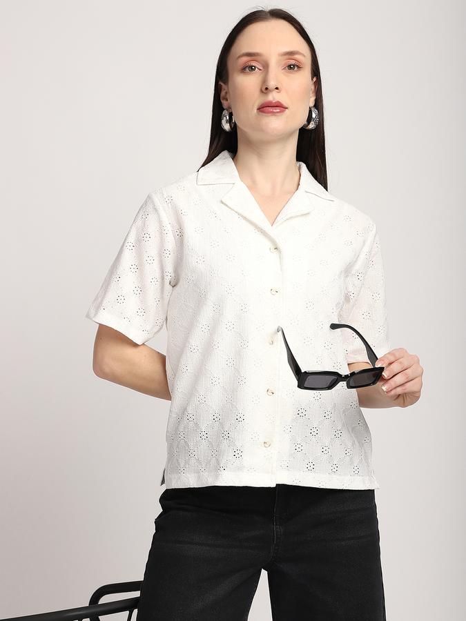 Women Polyester Regular Fit Collar Neck Short Sleeve Textured Shirt