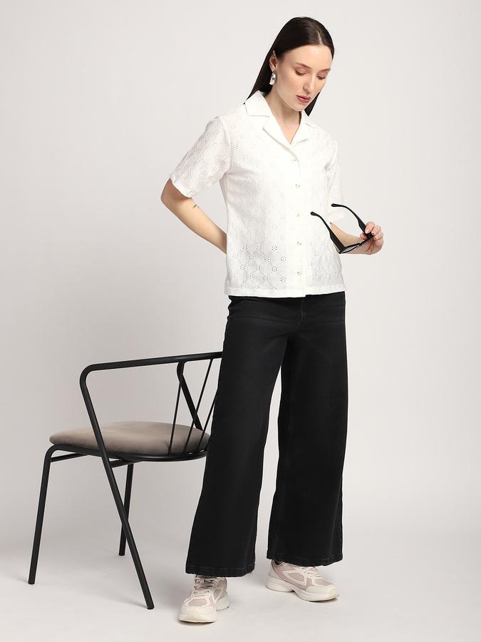 Women Polyester Regular Fit Collar Neck Short Sleeve Textured Shirt