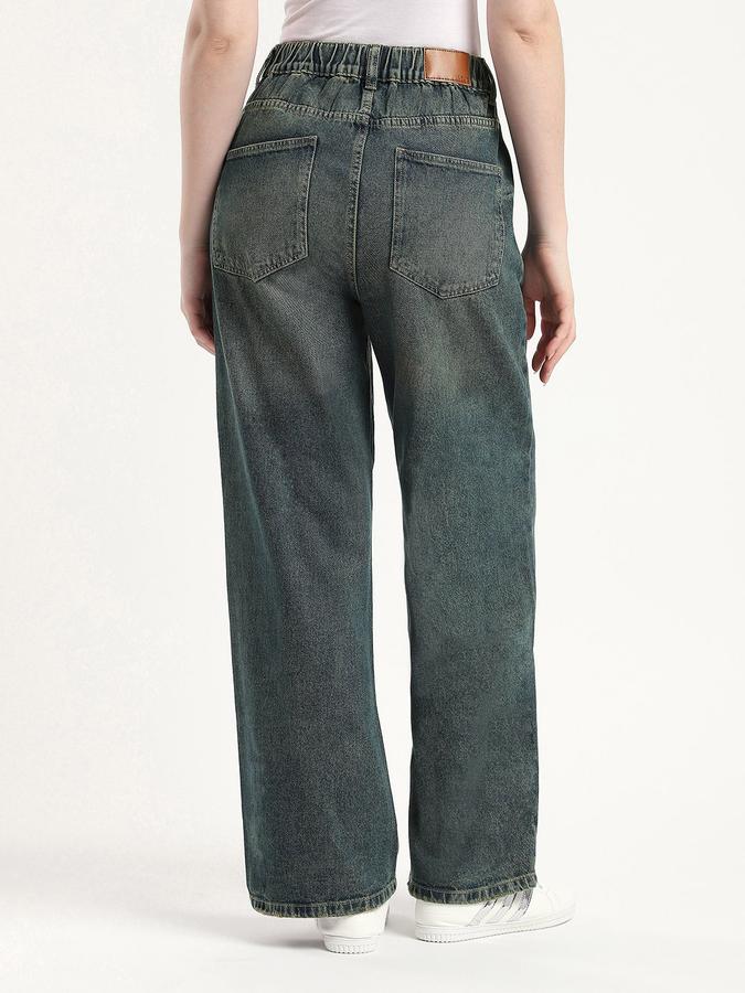 Women Cotton Wide Leg Mid Rise Faded Jeans