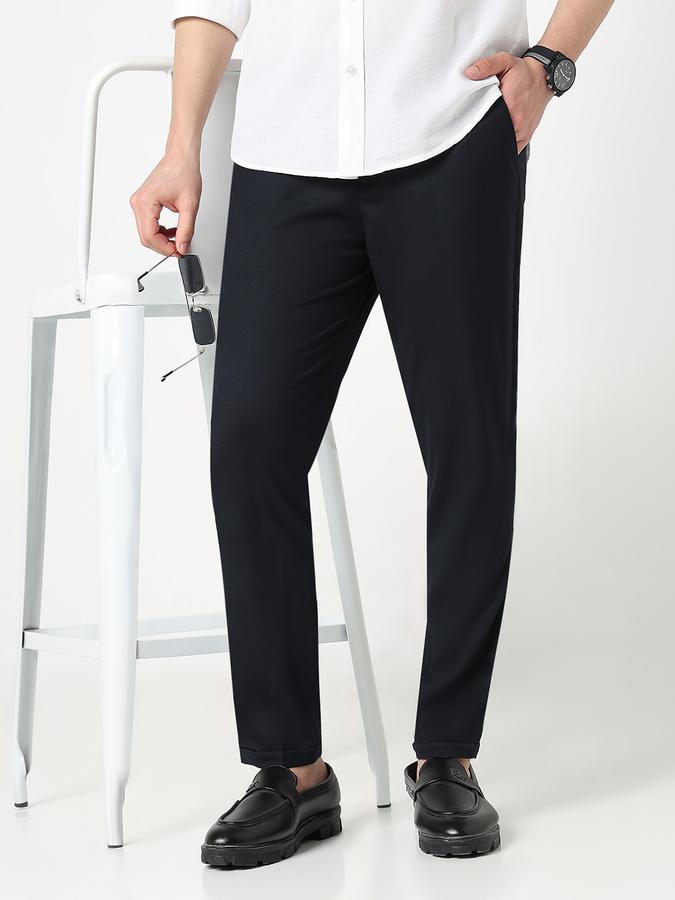 Men Poly Viscose Slim Fit Flat Front Solid Trousers