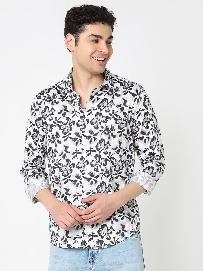 Men Cotton Slim Fit Point Collar Printed Shirt