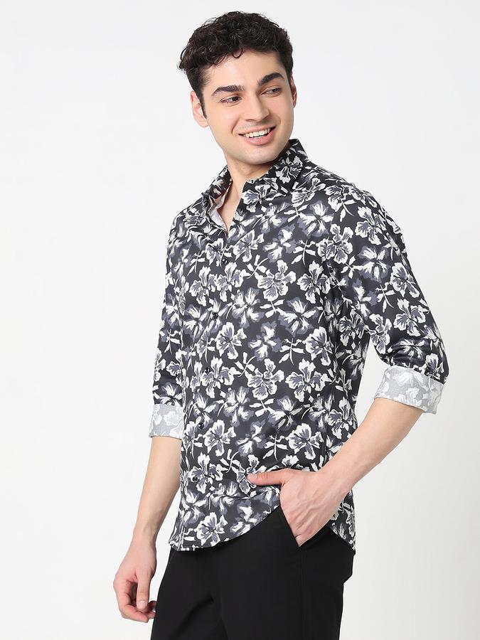 Men Cotton Slim Fit Point Collar Printed Shirt